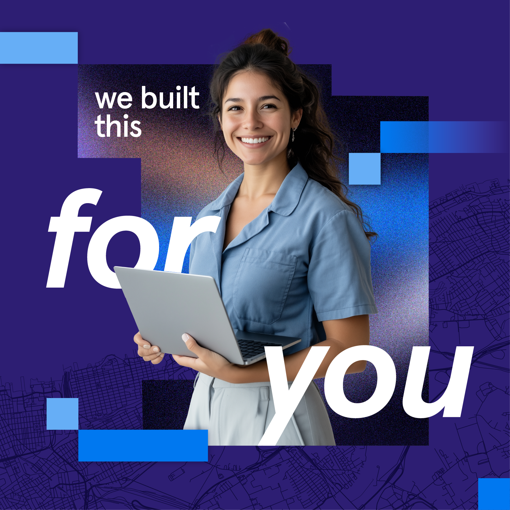 We bult this for you graphic Girl with laptop surrounded by the phrase "we built this for you"